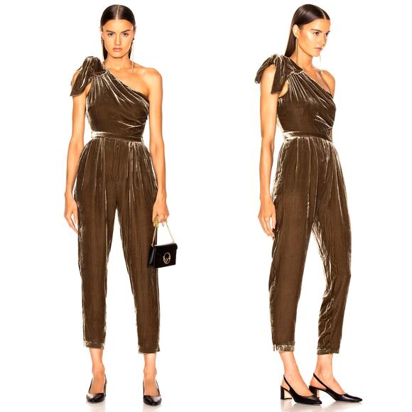 NWT ULLA JOHNSON Tess Jumpsuit in Cub Sz 8 Brown Velvet One Shoulder Bow Detail - Picture 1 of 14